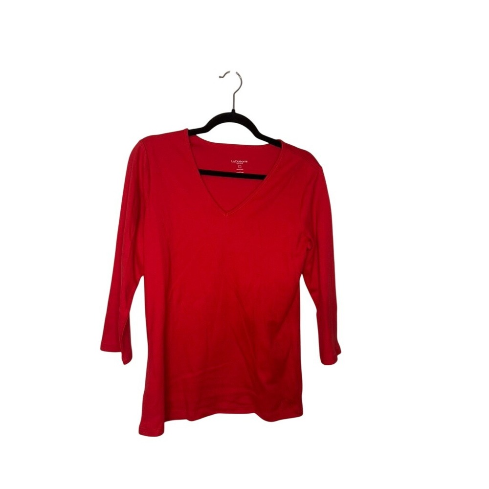 Liz Claiborne Essentials Red 3/4 Sleeve V Neck Top Women's Small